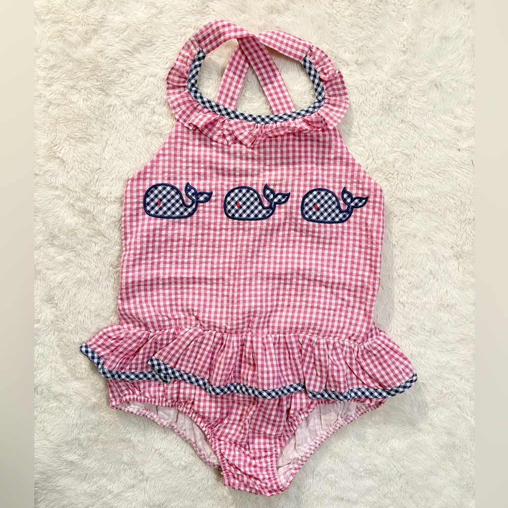 Charming Pink Checkered Kids Swimsuit with Whale Design